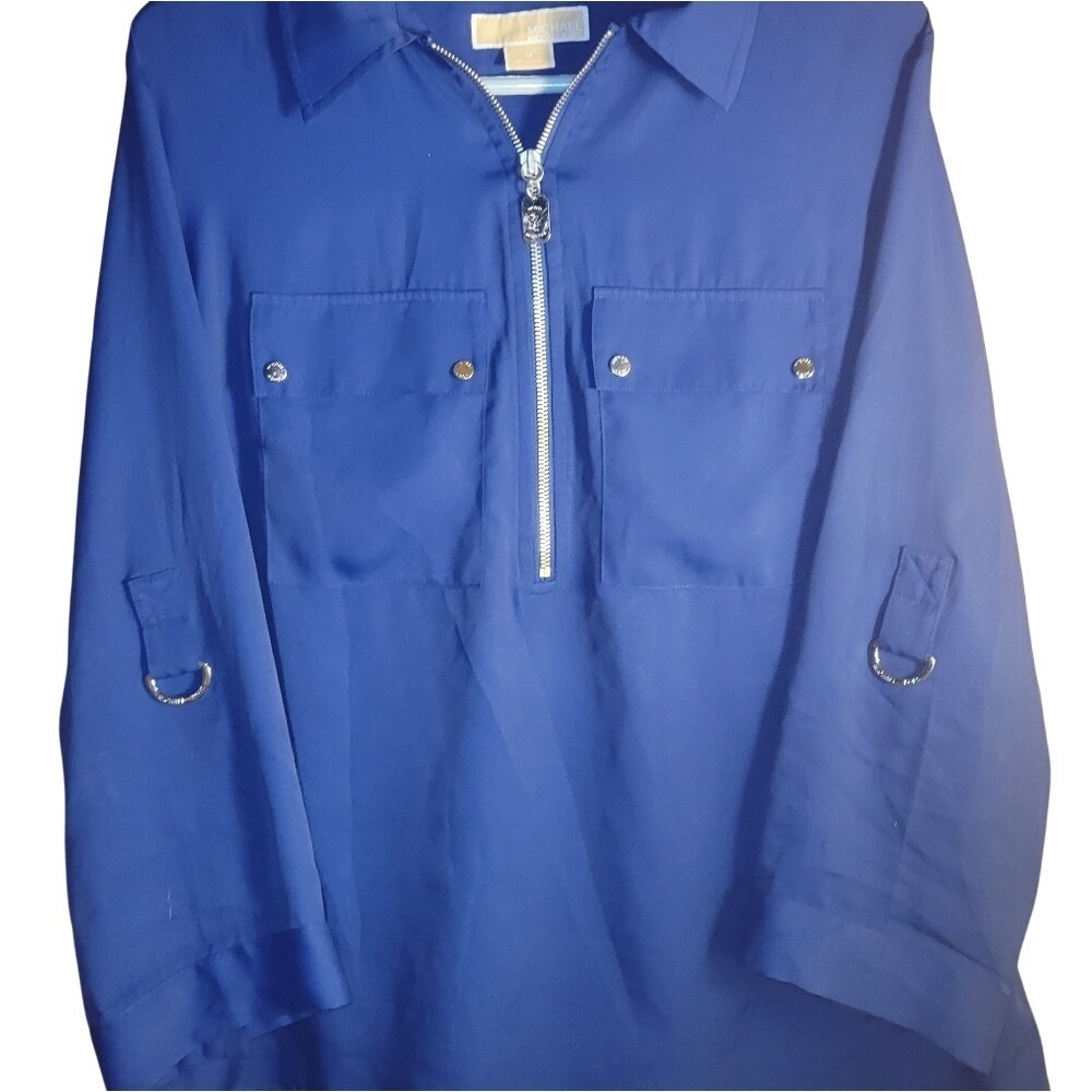 Michael Kors Quarter Zip Blouse Womens 1X Royal Blue Excellent Gold Hardware